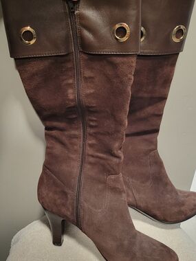Sofft Brown Suede Mid-Calf Heeled Boots with Gold Grommet Trim